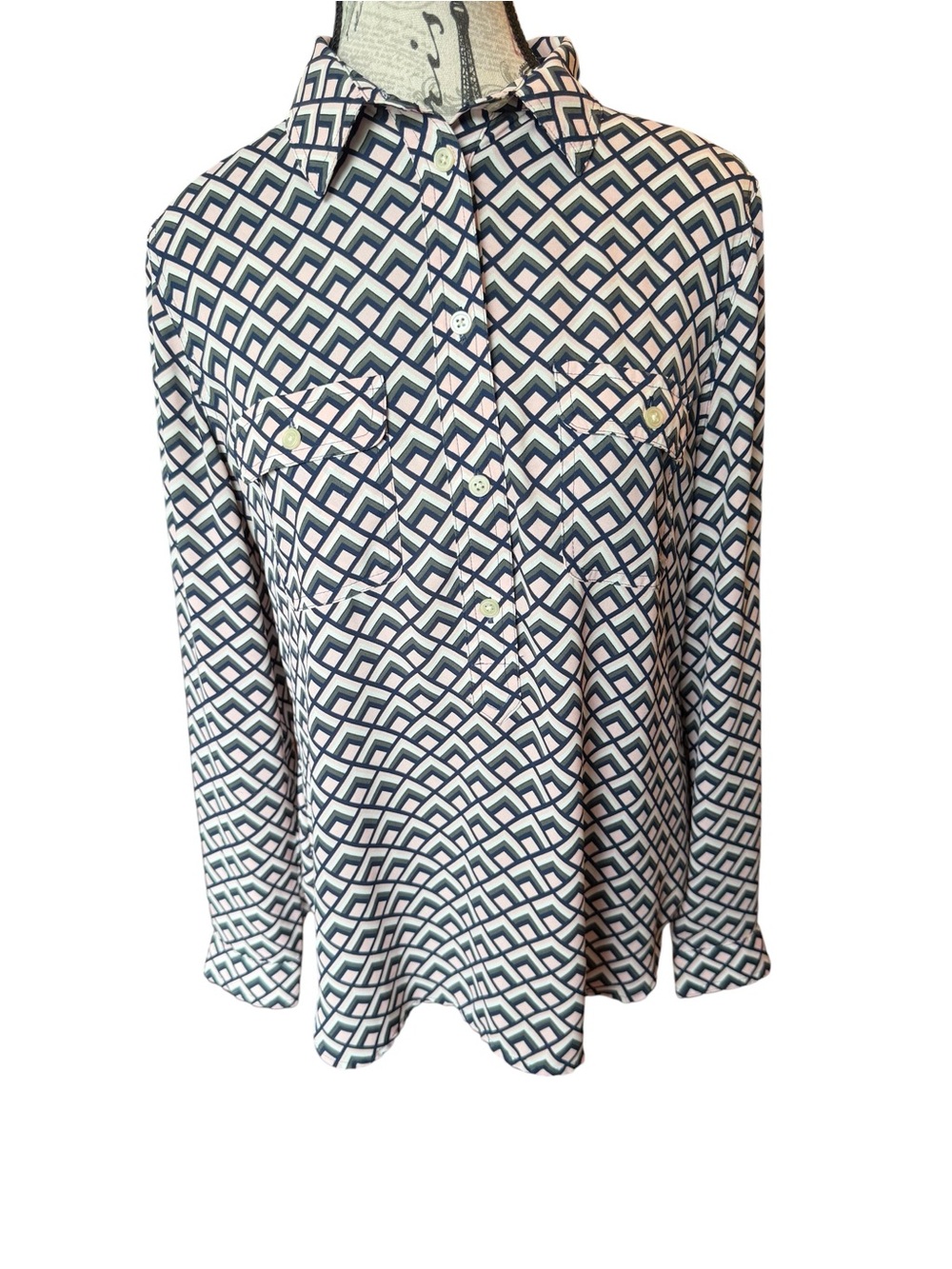 LOFT Navy and White Geometric Button-Down Shirt